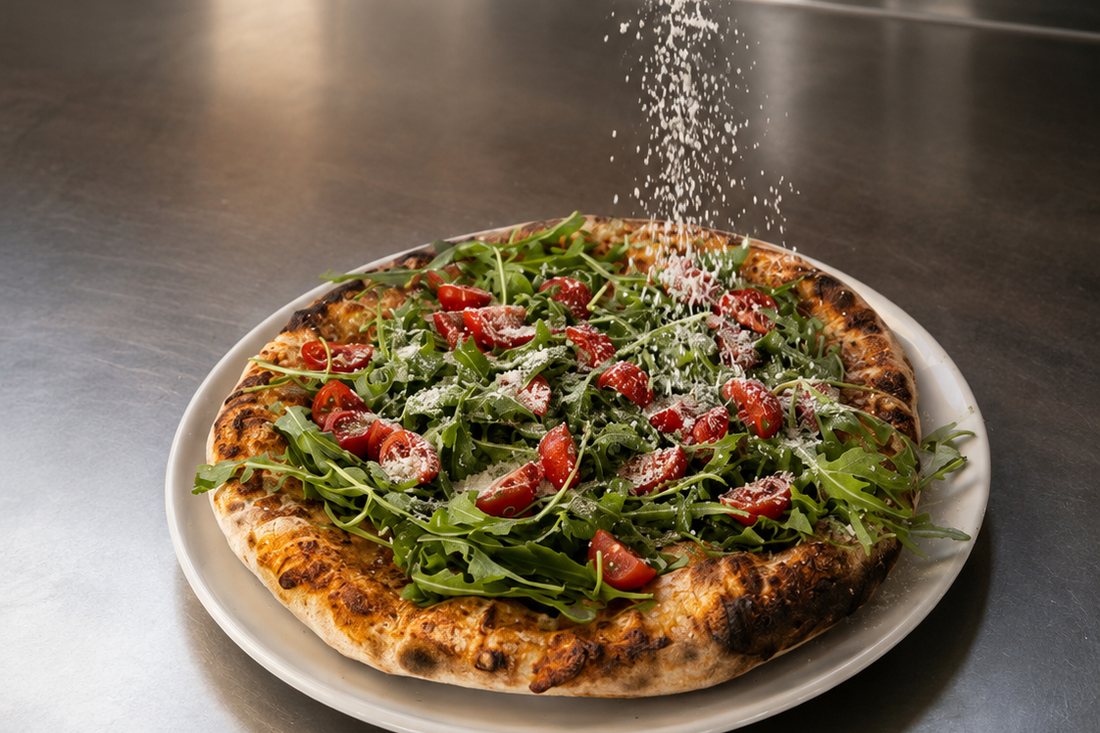 Pizza mit Rucola, Cherrytomaten und Parmesan aus dem Steinofen